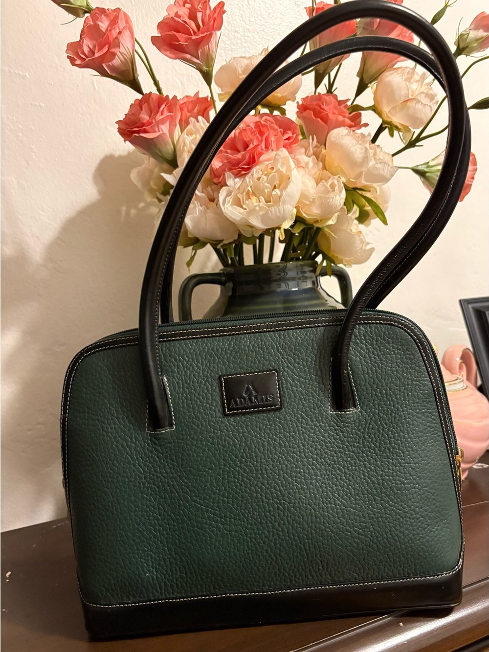 Vintage Adamis Green Dome Satchel with Black Trim and Top Handles